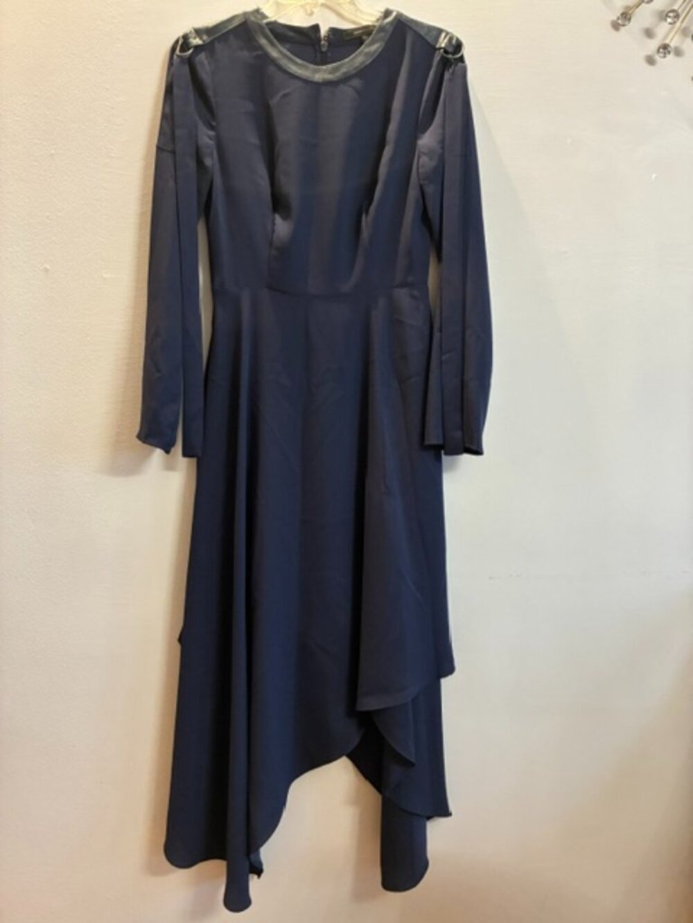 NWT Navy High- Low Long Sleeve Midi Dress/ Elegant Formal Occasion Dress